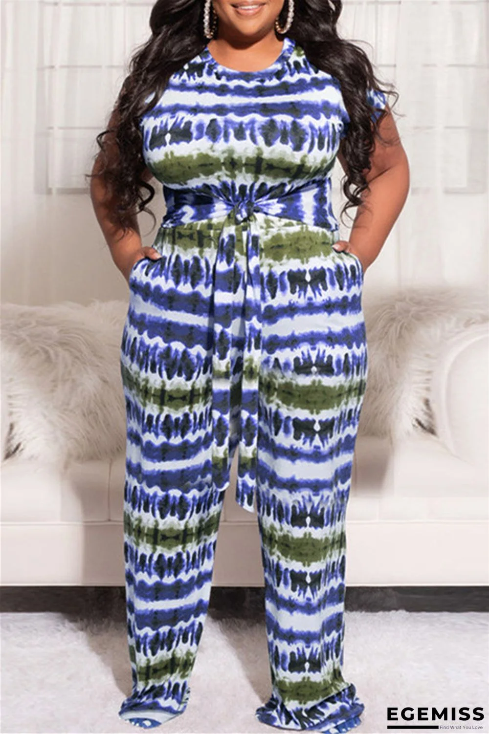 Blue Fashion Casual Print Bandage O Neck Plus Size Two Pieces | EGEMISS