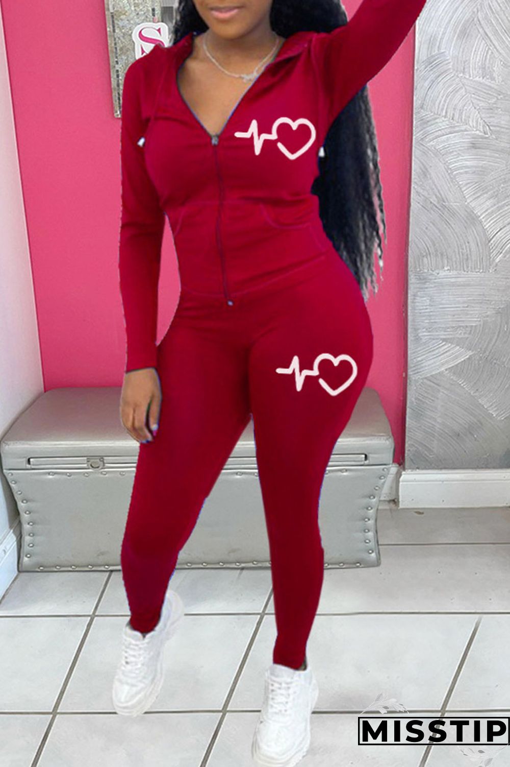 Pink Casual Print Patchwork Hooded Collar Long Sleeve Two Pieces