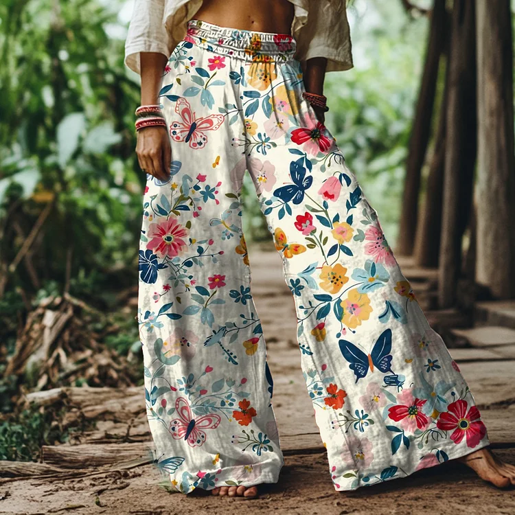 Vintage Butterfly Floral Art Print Loose Pants