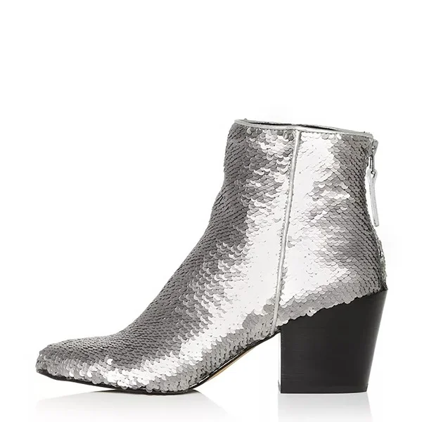 Silver Sequined Block heel Cowgirl Booties |FSJ Shoes