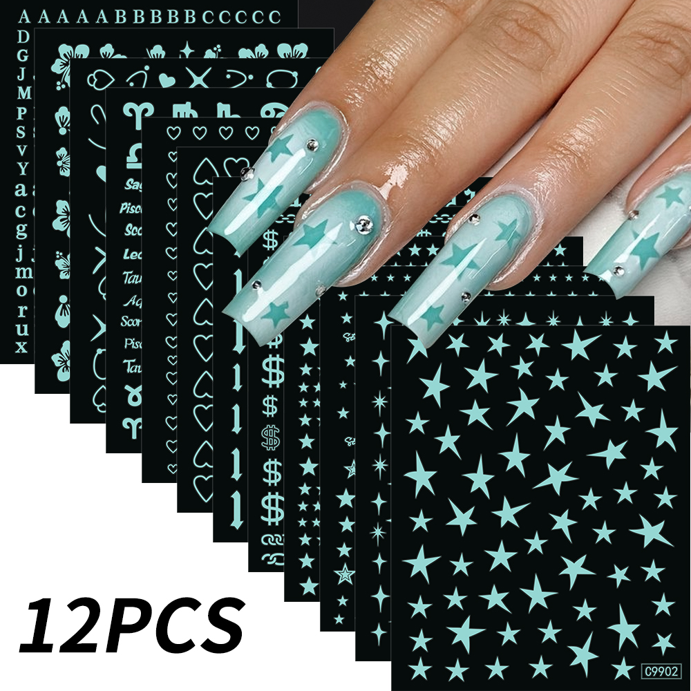 Bonusgor 12Pc Constellation Nail Stickers Pisces Aries Scorpio Alphabet Symbol 3D Bronzing Nail Art Sticker Self Adhesive Manicure Decals