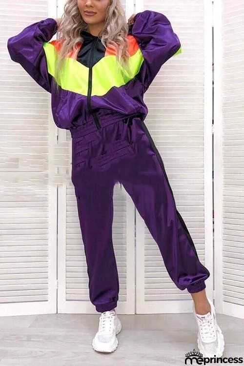 Color Block Zipper Hoodie Pants Set