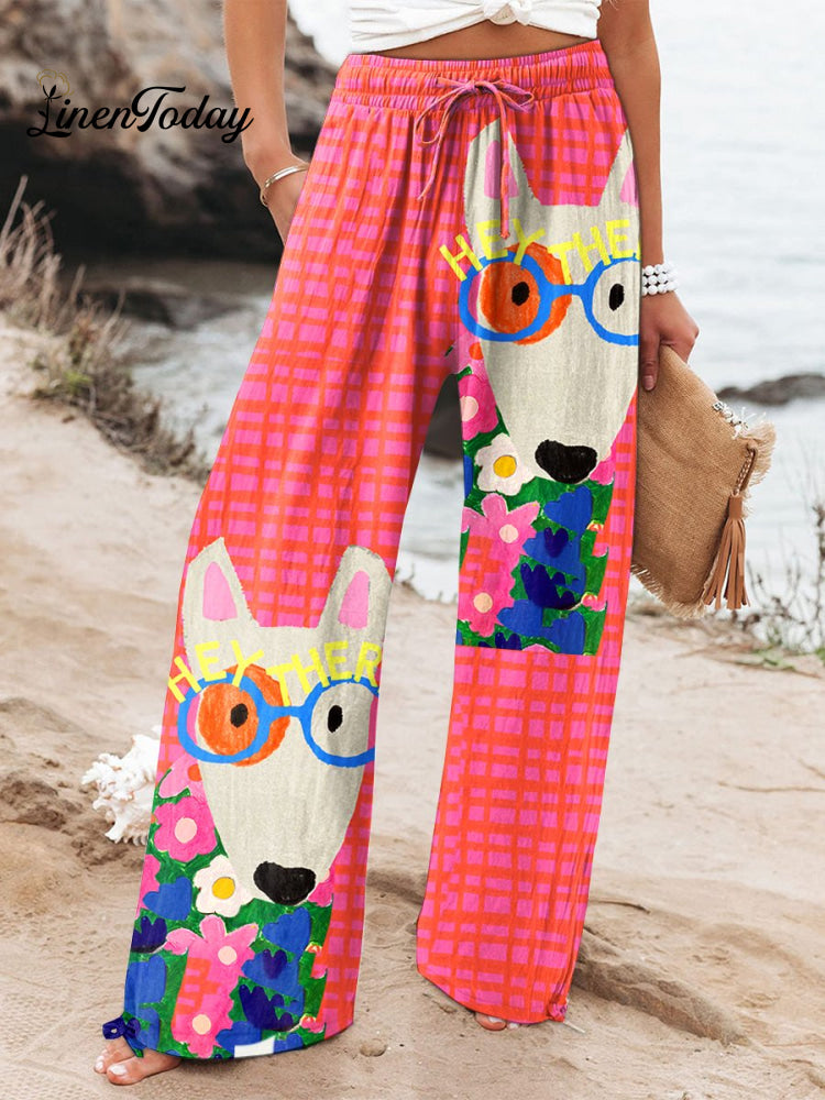 Women’s Dog Art Printed Cotton And Linen Casual Pants Multicolor / S
