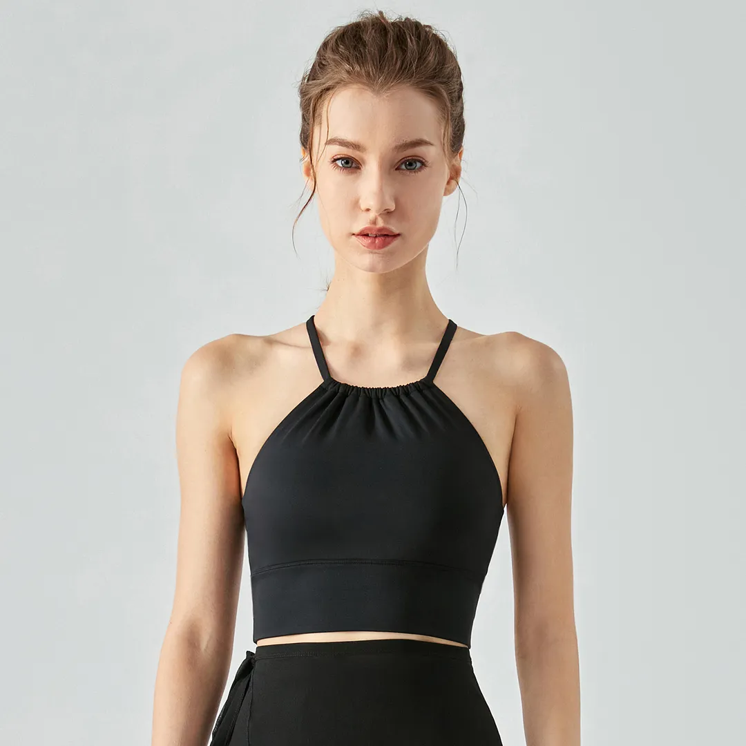 Shop widened hem front collar scrunch padded halter strap cross back sports bra online on Hergymclothing Black 