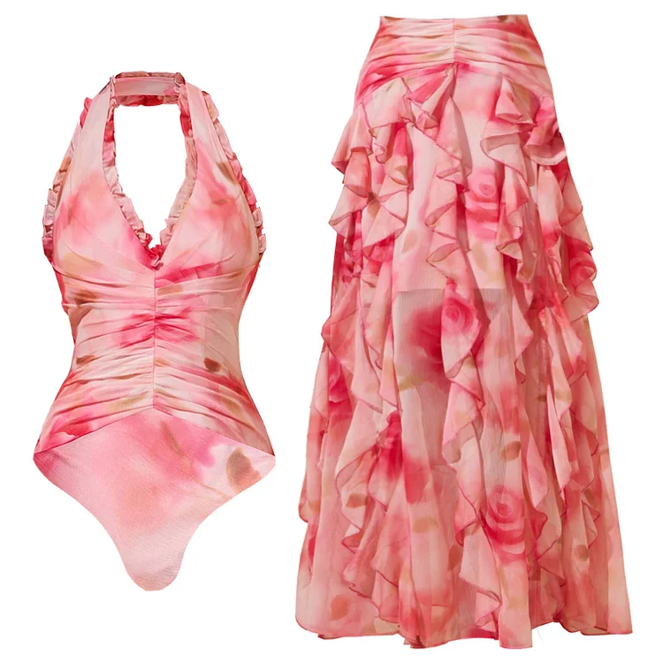 Pink Flower-dyed Halter Neck One Piece Swimsuit and Skirt