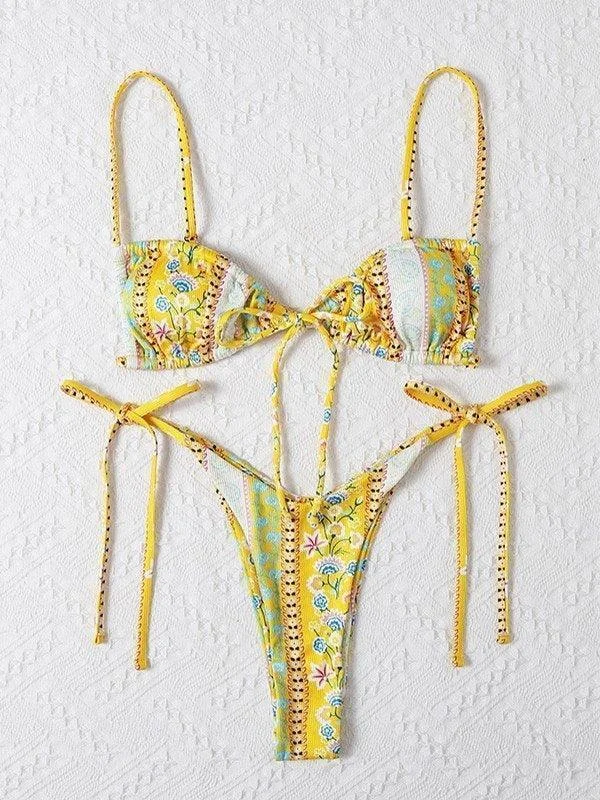 Brownm Ethnic Floral Lace Up Bikini Set