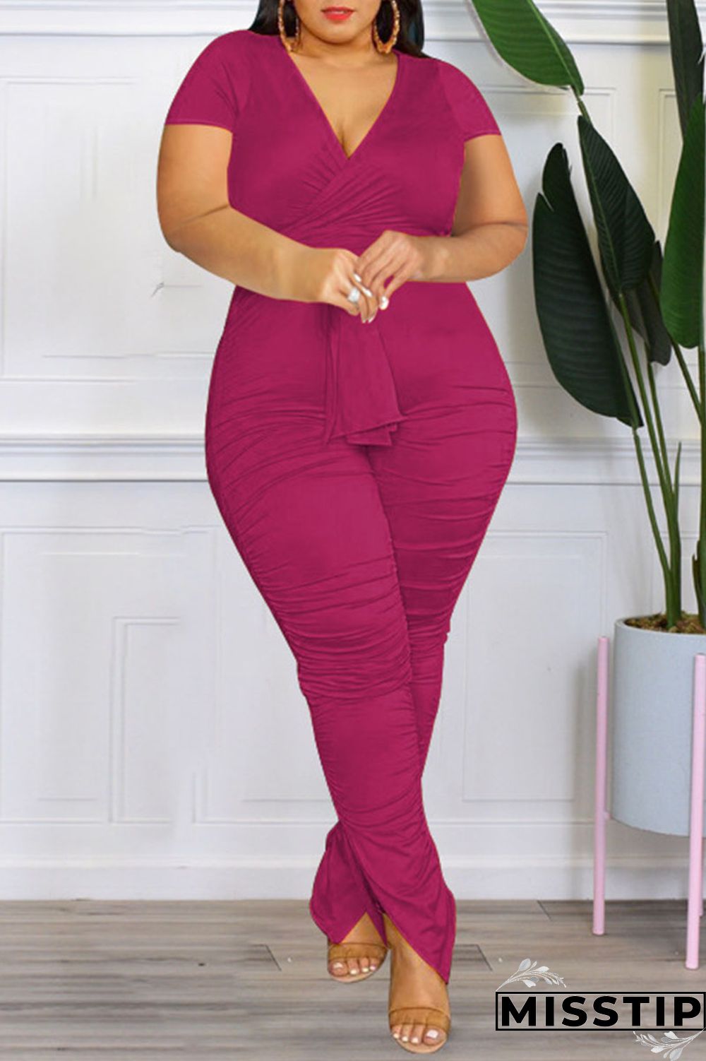 Colorful Blue Casual Solid Bandage Patchwork Fold V Neck Plus Size Two Pieces