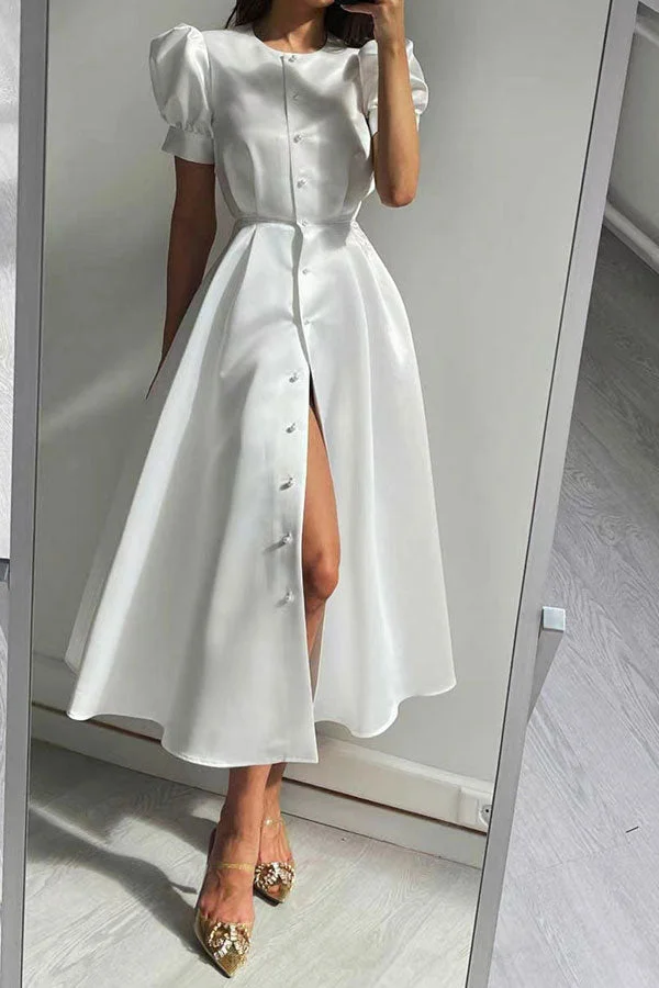 Solid Color Girly Single Breasted Pleated Midi Dress