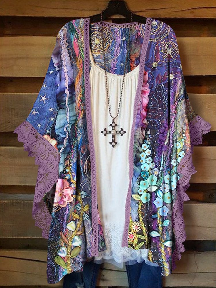 Purple Oversized Casual Printed Kimono P178353261