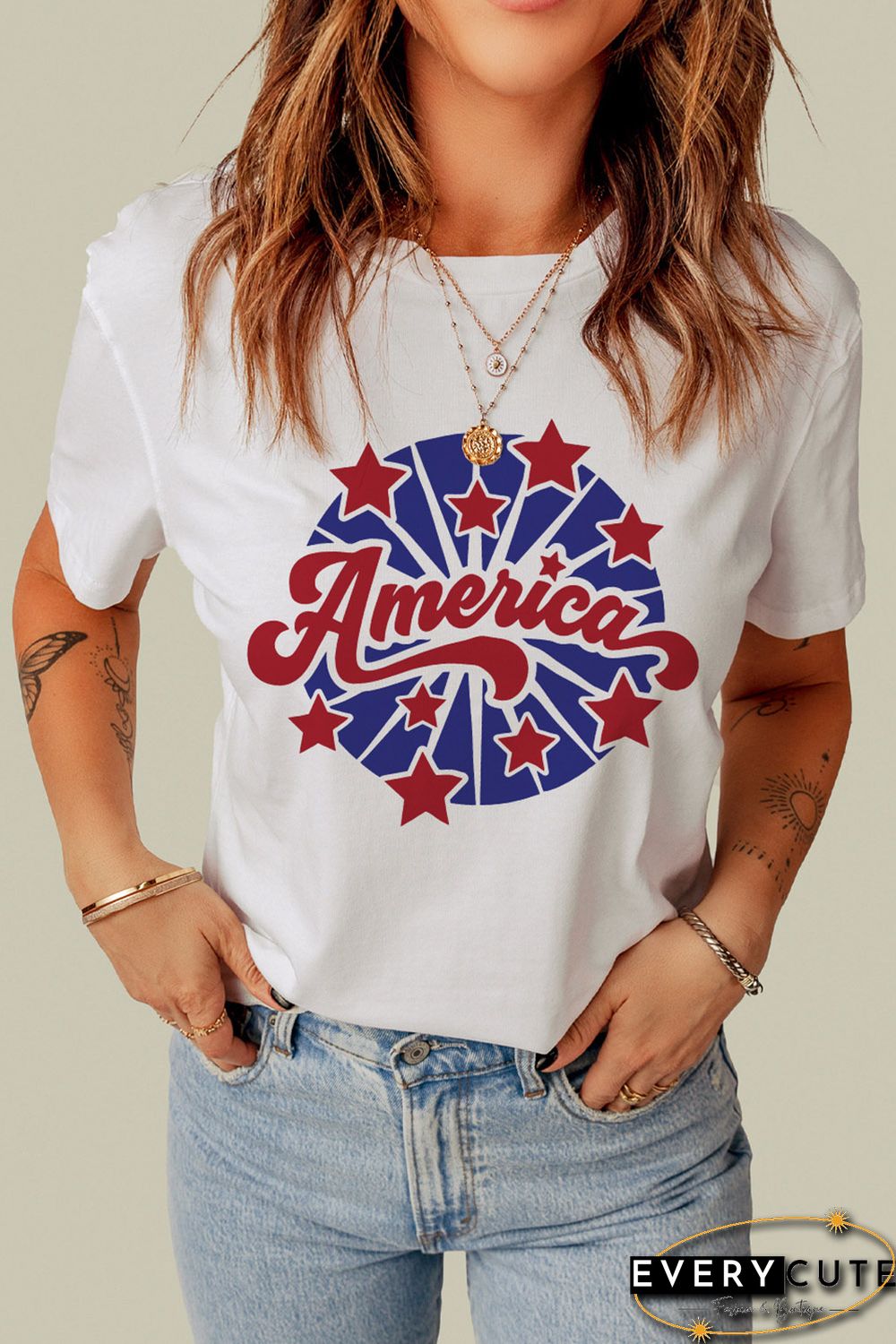 White America Stars Pattern Print Short Sleeve Graphic Tee