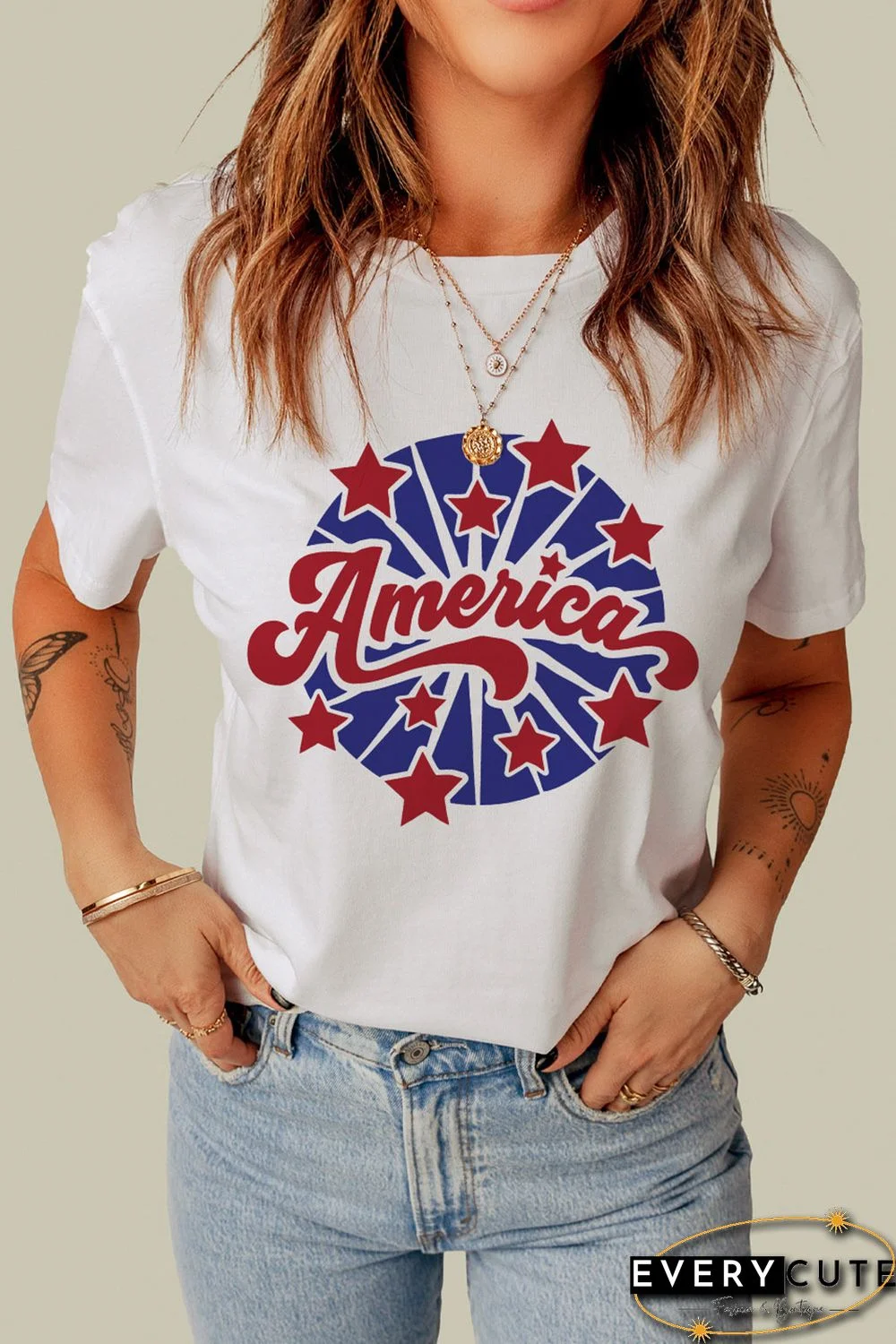 White America Stars Pattern Print Short Sleeve Graphic Tee