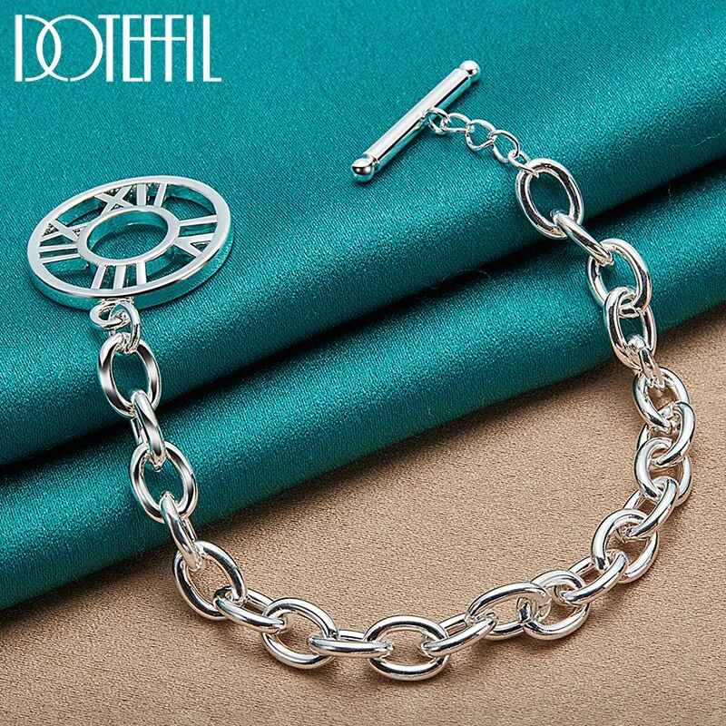 925 Sterling Silver Round Roman Numeral Pendant Bracelet Chain For Woman Man Jewelry