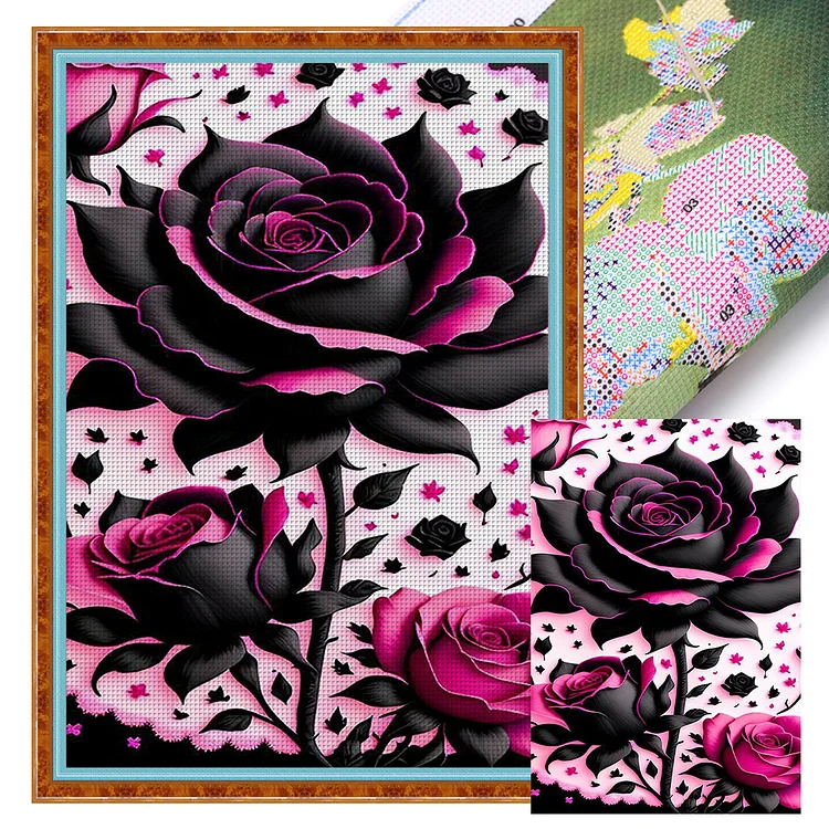 【Huacan Brand】Black Pink Rose 11CT Stamped Cross Stitch 40*60CM(28 Colors)
