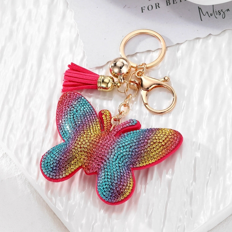 Vintage Style Minimalist Butterfly Pu Leather Alloy Tassel Inlay Rhinestones Bag Pendant Keychain