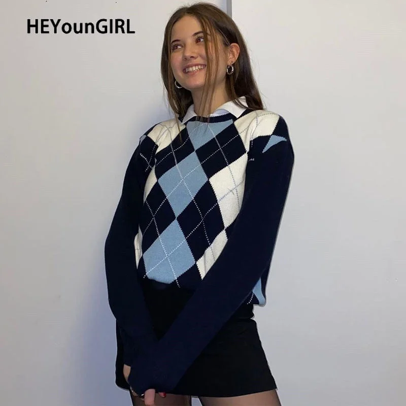 HEYounGIRL  Autumn Argyle Plaid Knit Sweater Women Preppy Style Long Sleeve Pullover Casual Fashion Warm Jumpers Ladies 2021