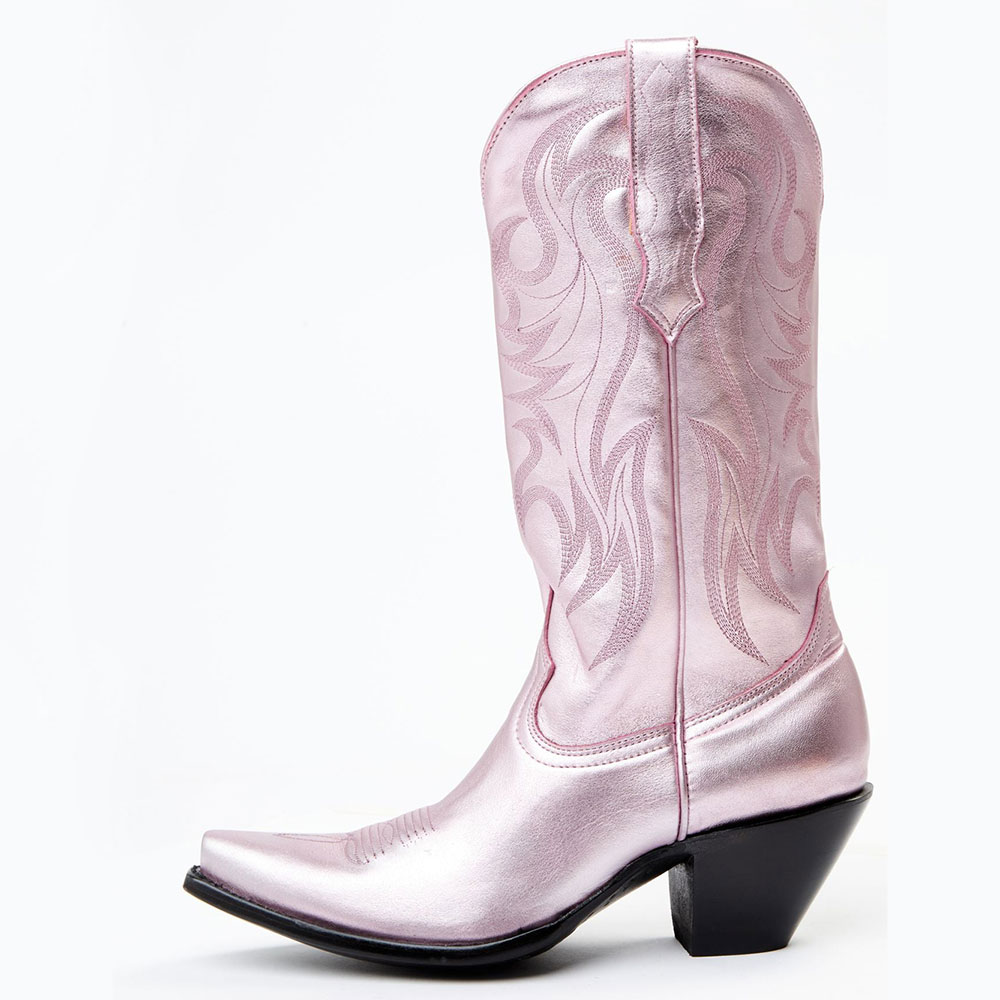 Pink Metallic Embroidered Chunky Heel Mid-Calf Cowboy Boots for Women