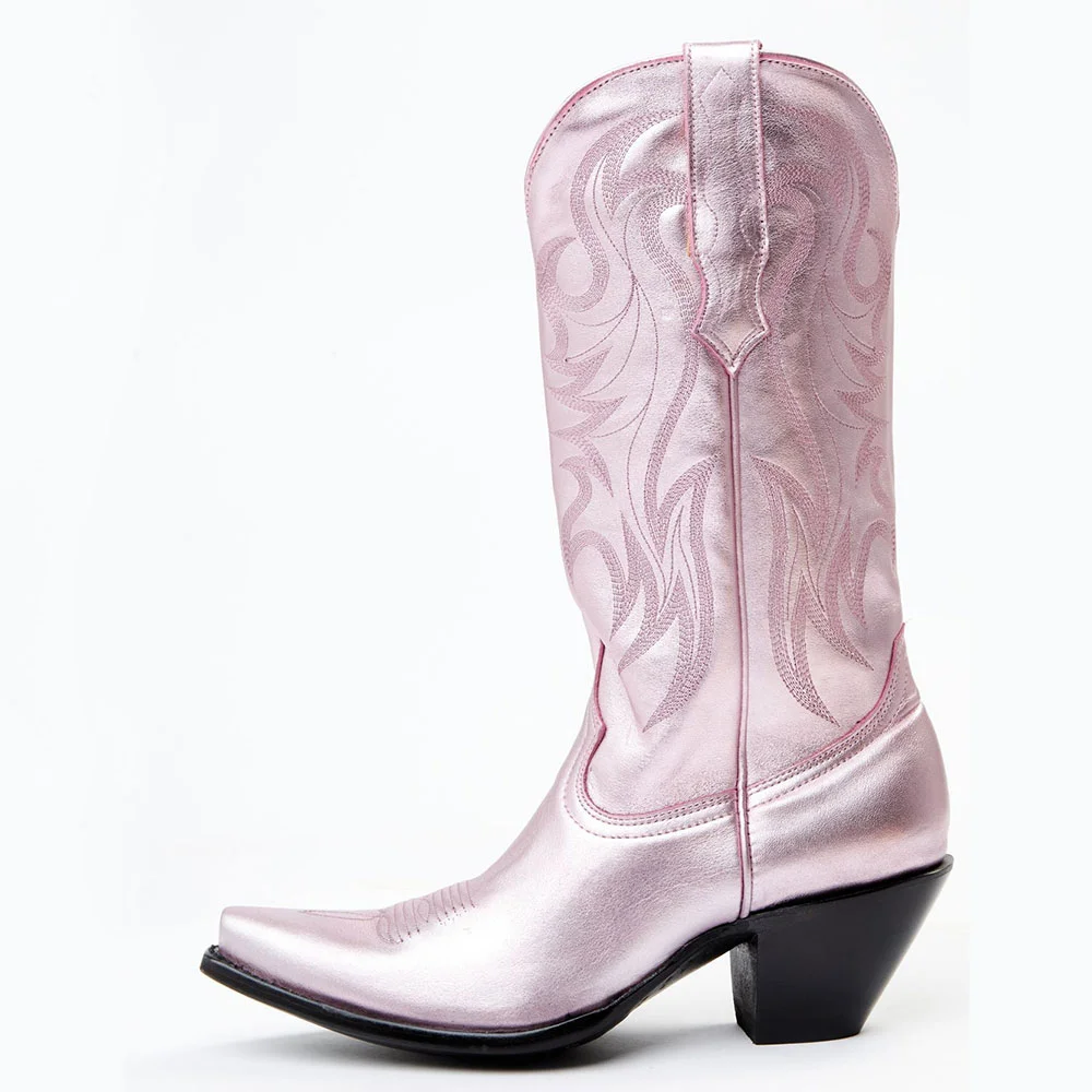 Pink Metallic Embroidered Chunky Heel Mid-Calf Cowboy Boots for Women Nicepairs