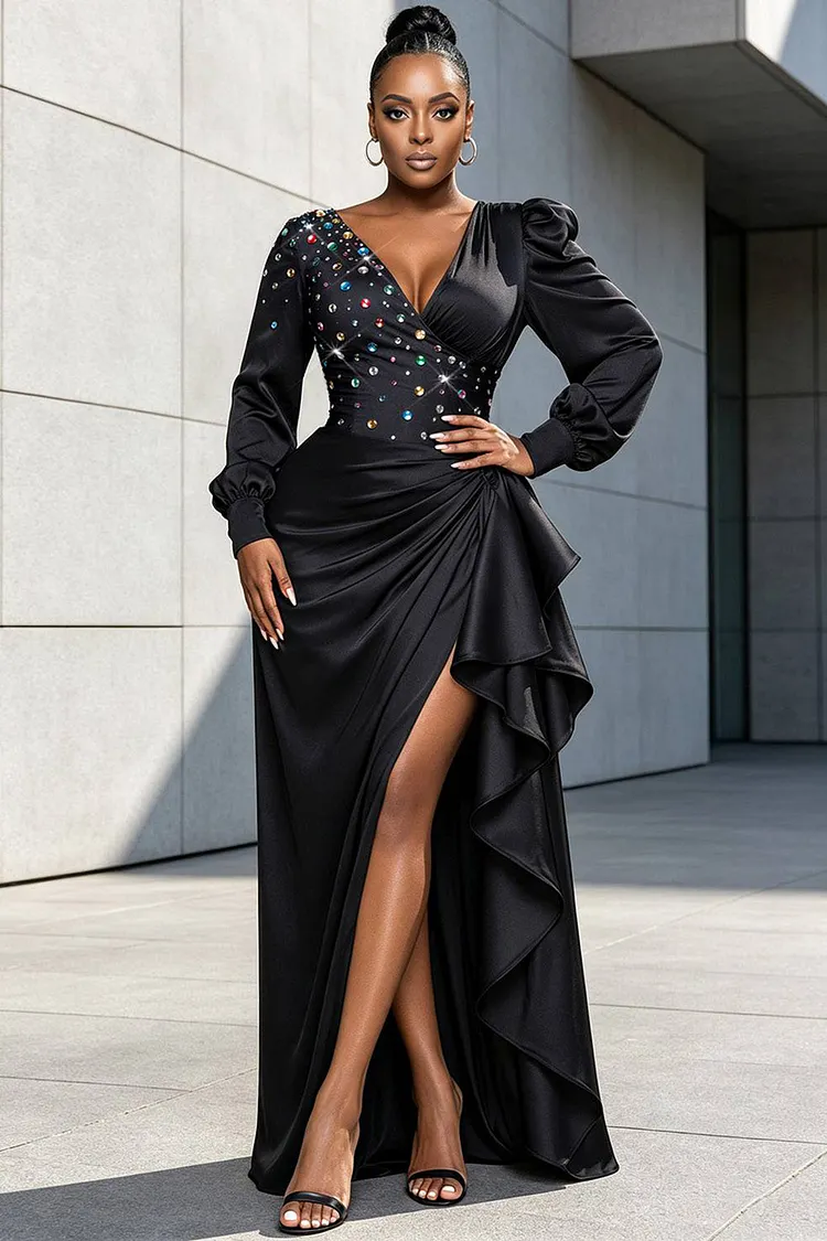 Xpluswear Design Plus Size Formal Black V Neck Lantern Sleeve Long Sleeve Drilling Split Satin Maxi Dresses [Pre-Order] 2024 - Xpluswear