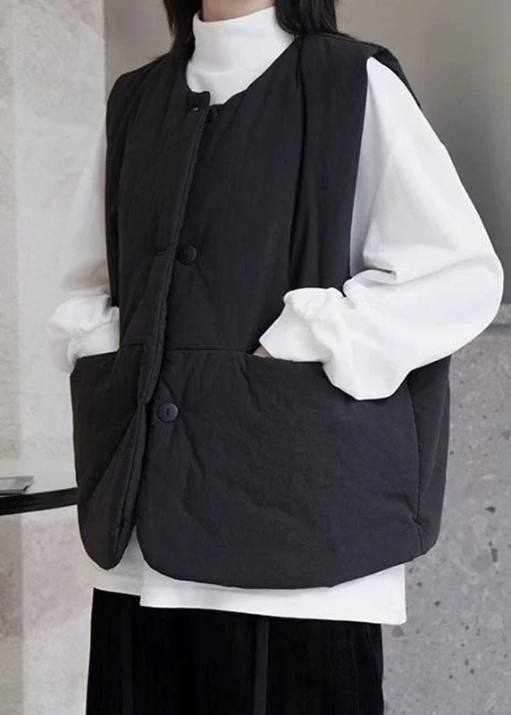 Organic Black O-Neck Pockets Button Thick Warm Waistcoat Winter