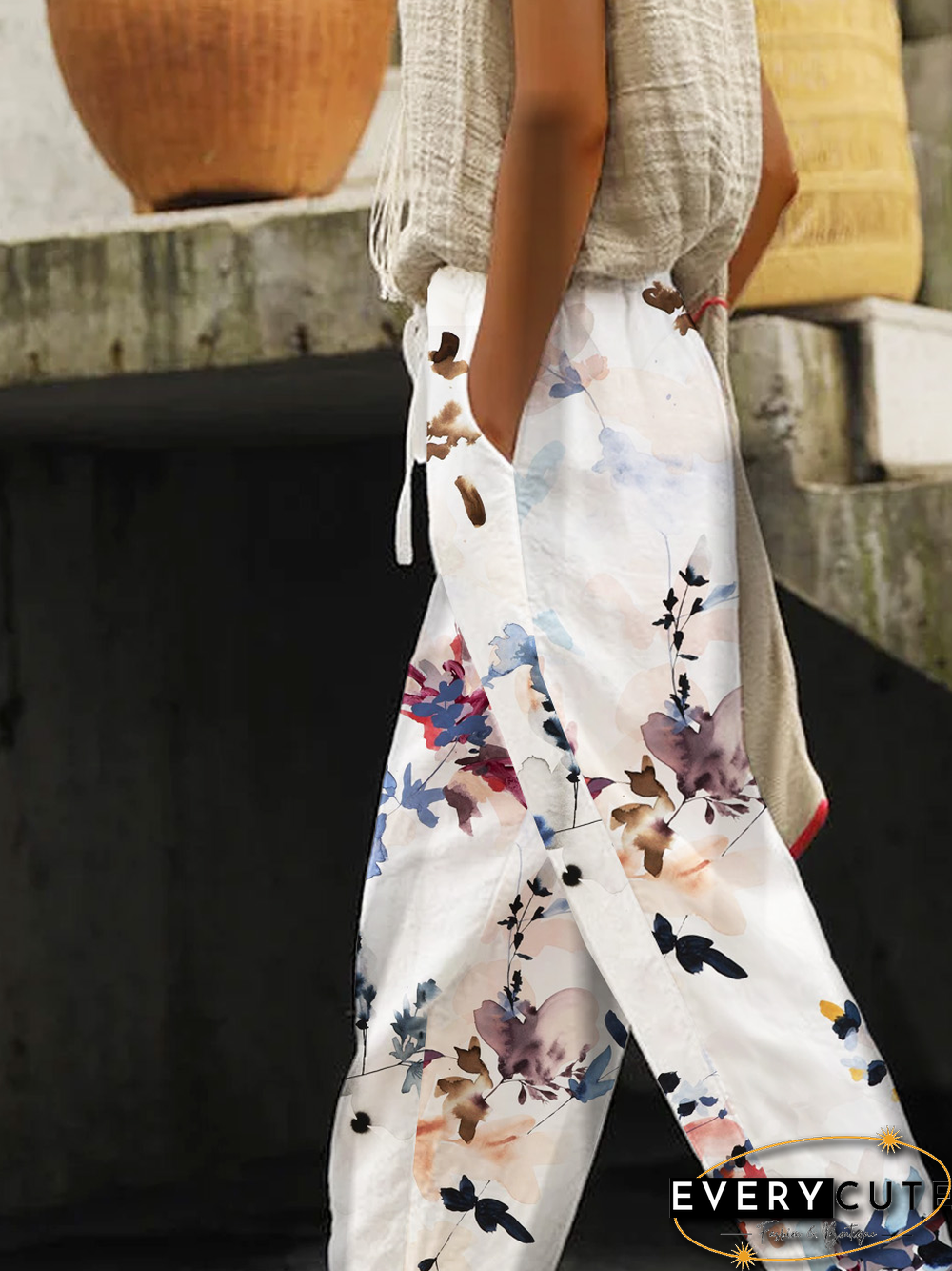 Women Casual Floral Autumn Natural No Elasticity Loose Hot List Regular Regular Size Casual Pants