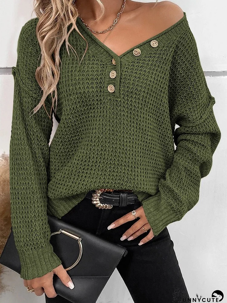 Green Buttoned V Neck Drop Shoulder Sweater with Pointelle Knit