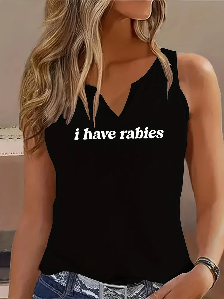 Women's "I Have Rabies" Letter Print Sleeveless V-Neck Tank Top - Black Casual Stretchy Shirt, Machine Washable All-Season Comfort Fit, Summer Apparel, Playful Graphic Tee, Nontransparent Fabric