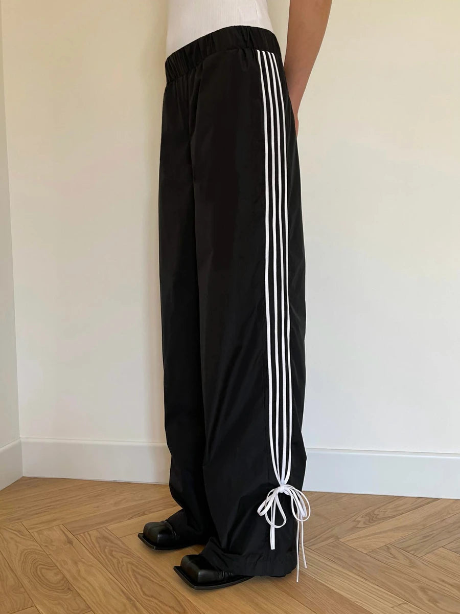 Llyge Women's Y2K Vintage Spring Summer Sporty Loose Long Pants Elastic Low Waist Bow Tied Side Striped Jogger Trousers llyge