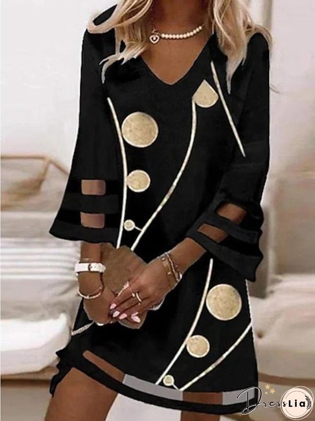 Casual Dress T Shirt Dress Tee Dress Sheath Dress Mini Dress Black 3/4 Length Sleeve Print Cut Out Summer Spring V Neck Fashion S M L XL XXL 3XL for Women