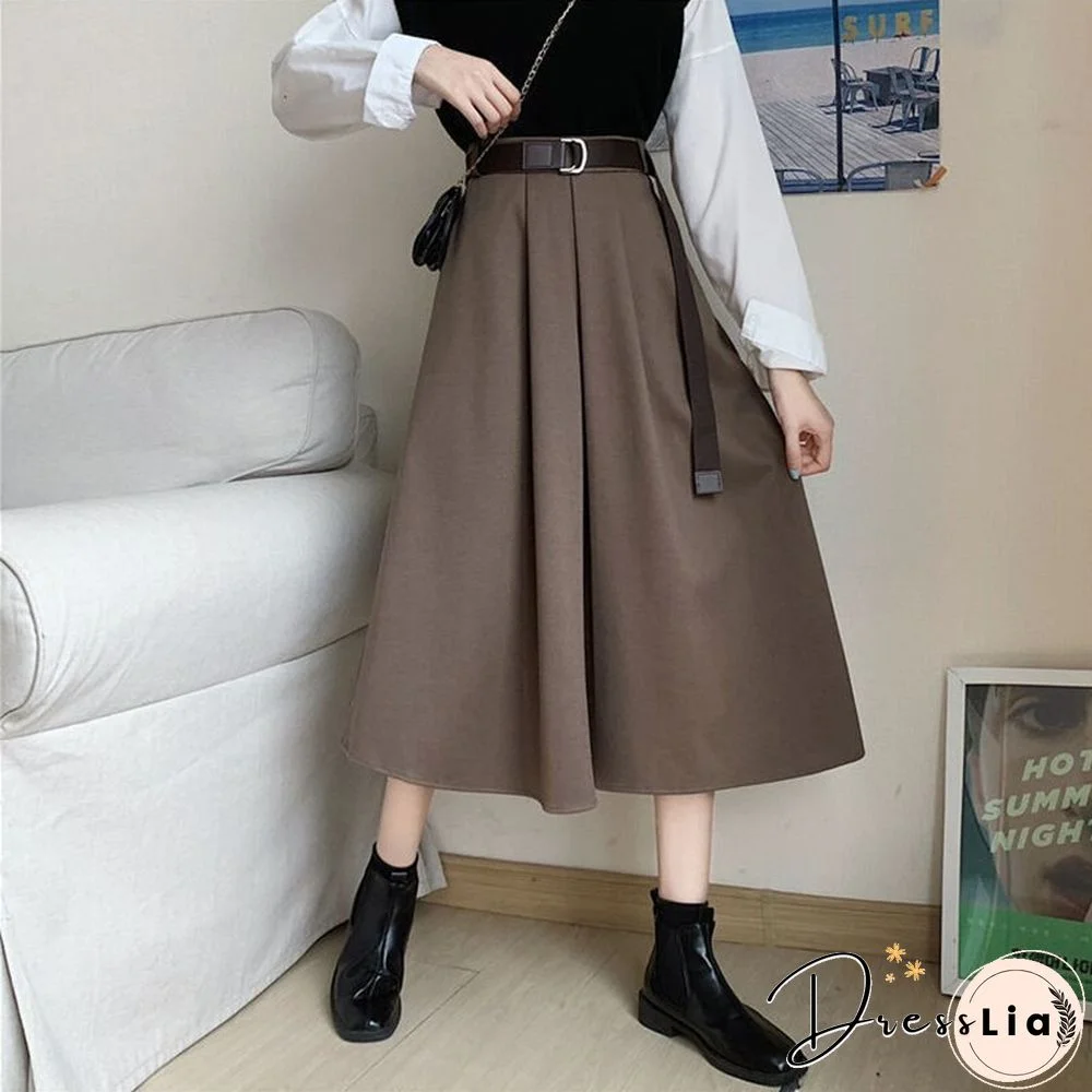 Solid Skirts Women Mid-calf High Waist Friends Korean Style Elegant College Spring Autumn All-match Jupe Mujer Faldas Female Ins