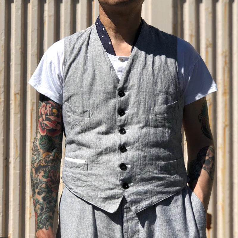 Men's Retro Cotton And Linen Gray Thin Single-Breasted Vest