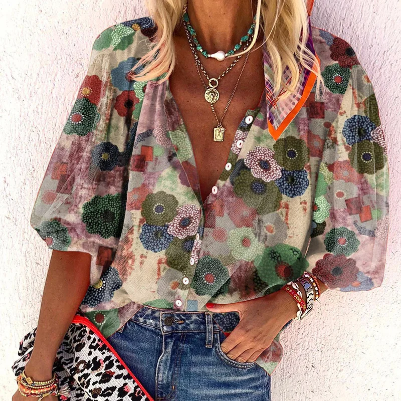 Women's Casual Stand Collar Floral Loose Shirt