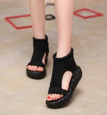 Vstacam  Casual Summer Shoes Women Comfortable Wool Ladies Platform Sandals Knit High Heels Grey Rose Red Sandales