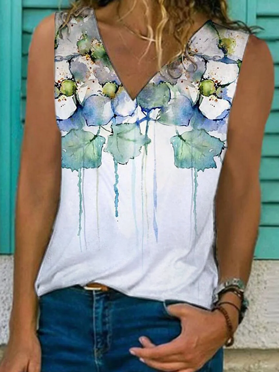 Sleeveless Cotton-Blend Casual Floral Shirts & Tops