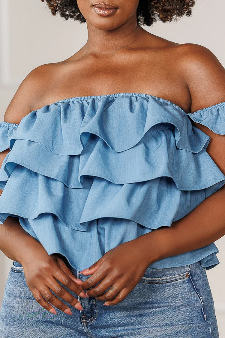Plus Size Vacation Light Blue Off The Shoulder Ruffle Casual Tiered Tencel Denim Blouses [Pre-Order] 2024 - Xpluswear