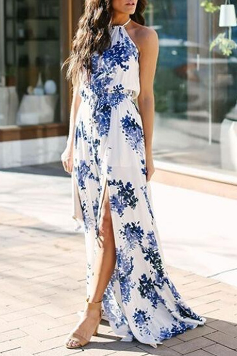 Elegant Floral Frenulum High Opening Halter A Line Dresses