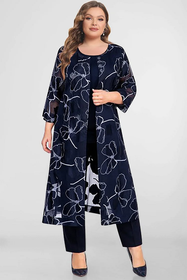 Flycurvy Plus Size Mother Of The Bride Navy Blue Chiffon Floral Print ...