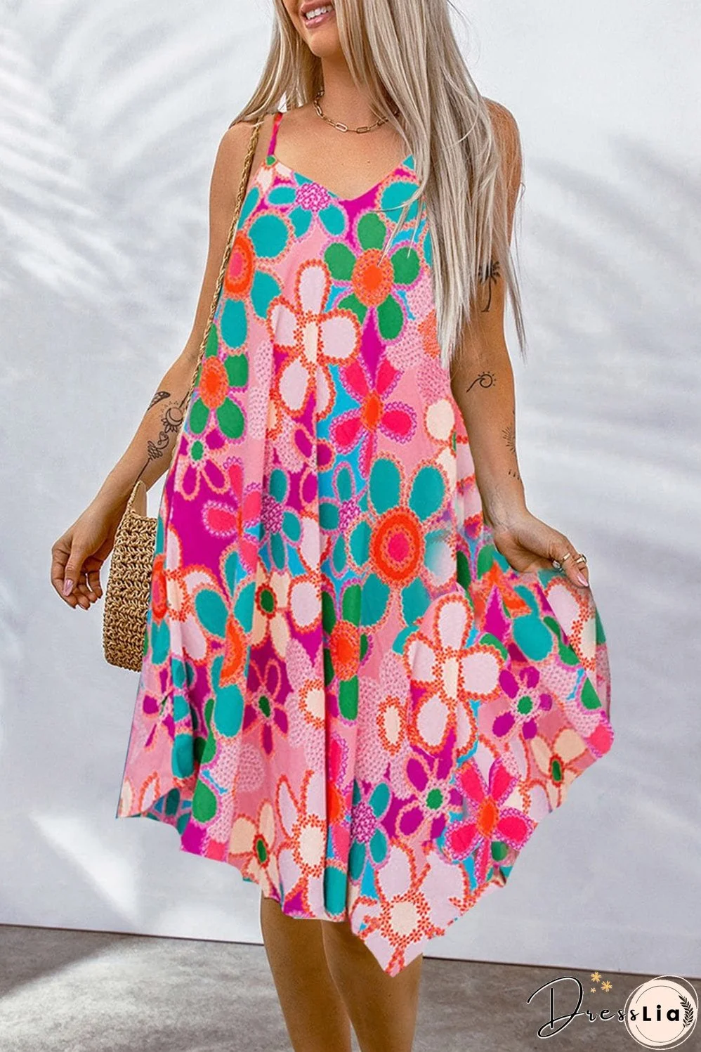 Pink Boho Floral Print Spaghetti Strap Flowy Midi Dress