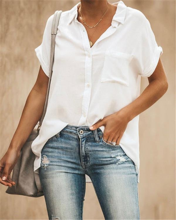 Stand Collar Short Sleeve Solid Color Women Casual Tops - Chicaggo