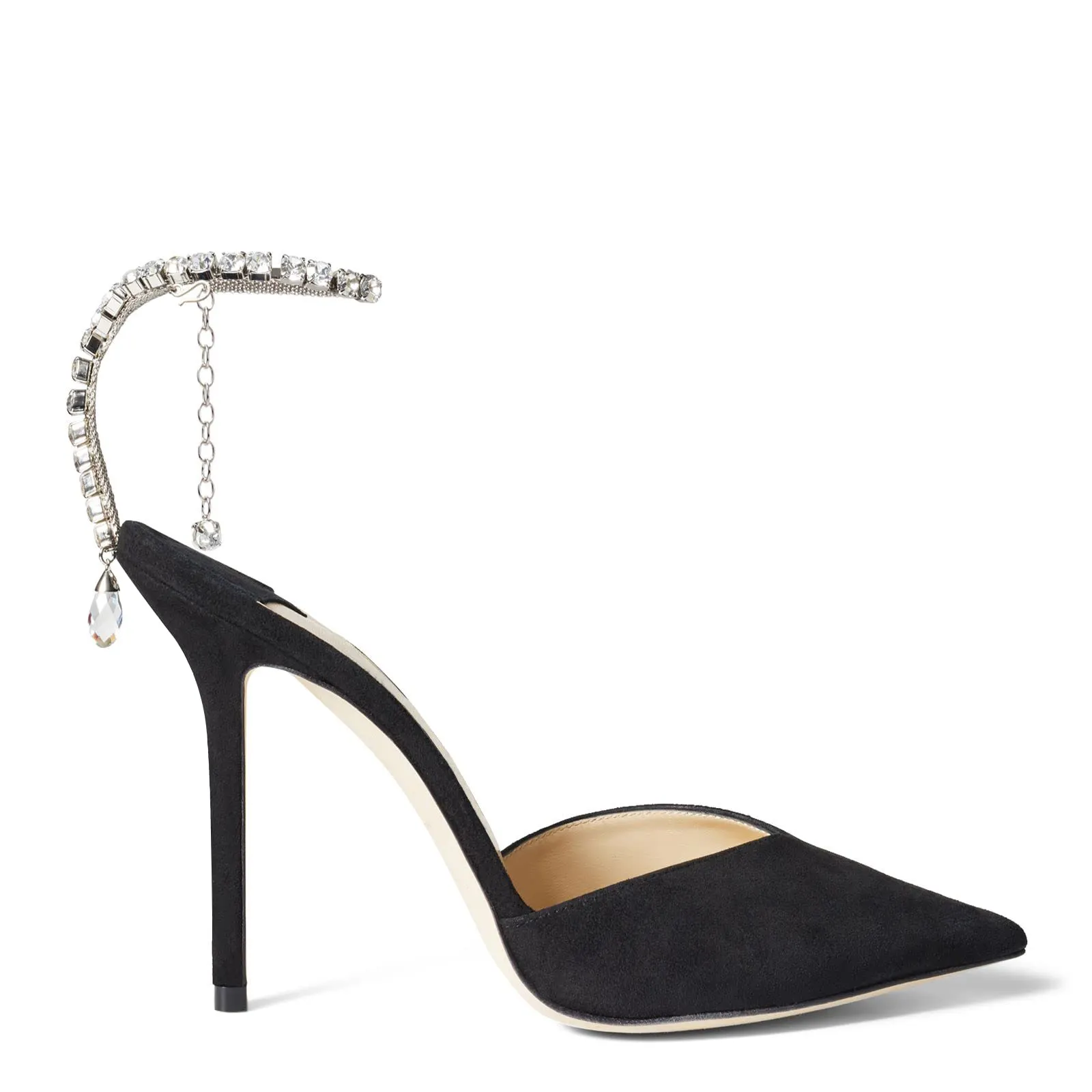 100mm Women's Sandals Crystal Chain Rhinestone Embellished Strap Suede Pumps Pointy Stilettos Backless Shoes-vocosishoes