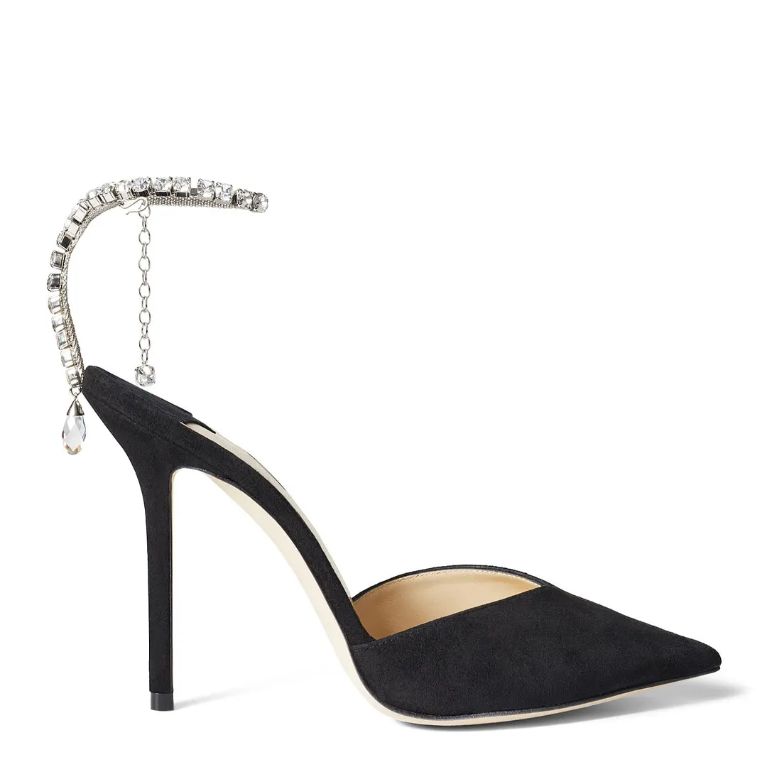 100mm Women's Sandals Crystal Chain Rhinestone Embellished Strap Suede Pumps Pointy Stilettos Backless Shoes-vocosishoes