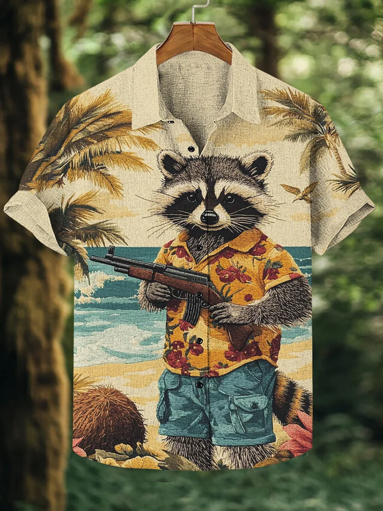 Men's Raccoon On Vacation With A Rifle Gun Art Print Shirt
