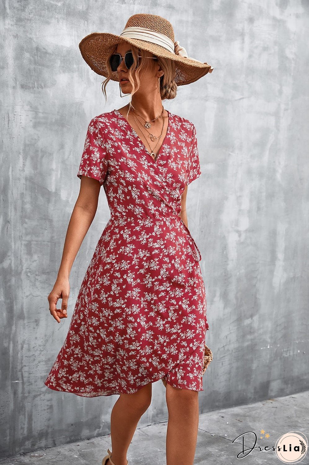 Floral Surplice Neck Flutter Sleeve Dress