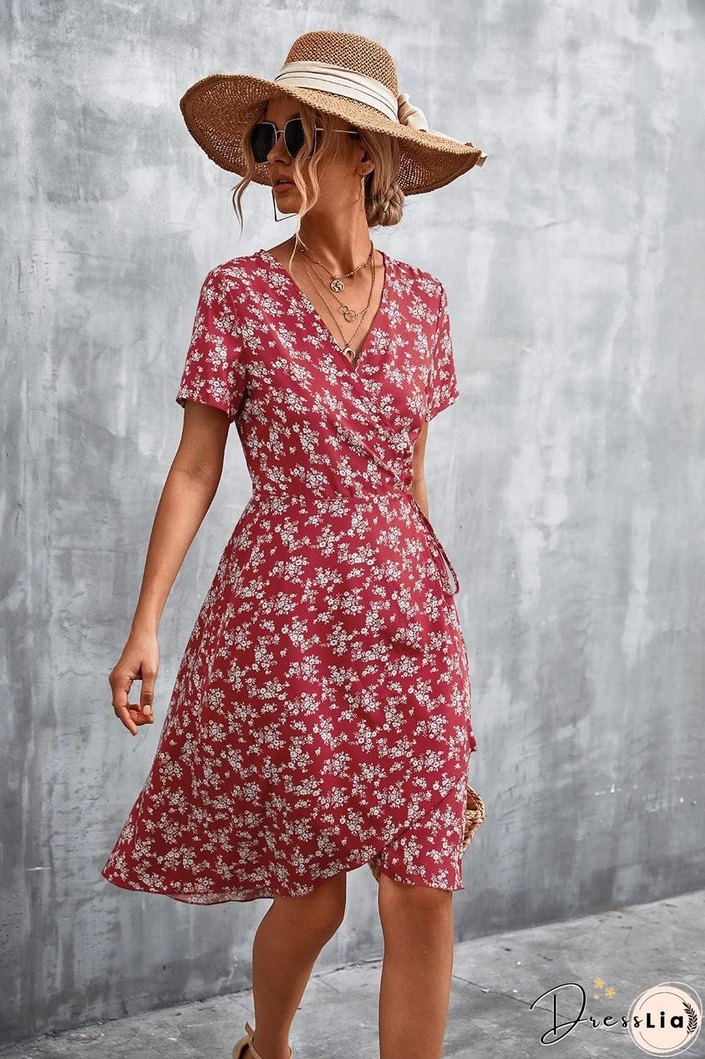 Floral Surplice Neck Flutter Sleeve Dress