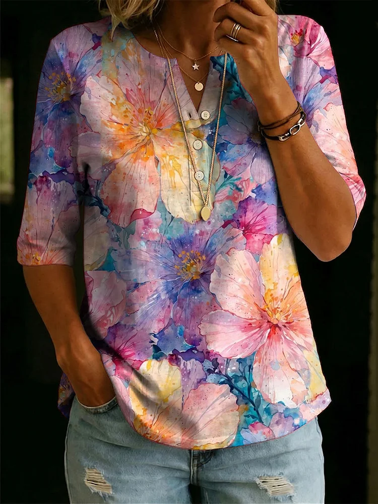 Women&rsquo;s Floral Pattern Art Casual Classic Henley Collar 100% Cotton T-shirt