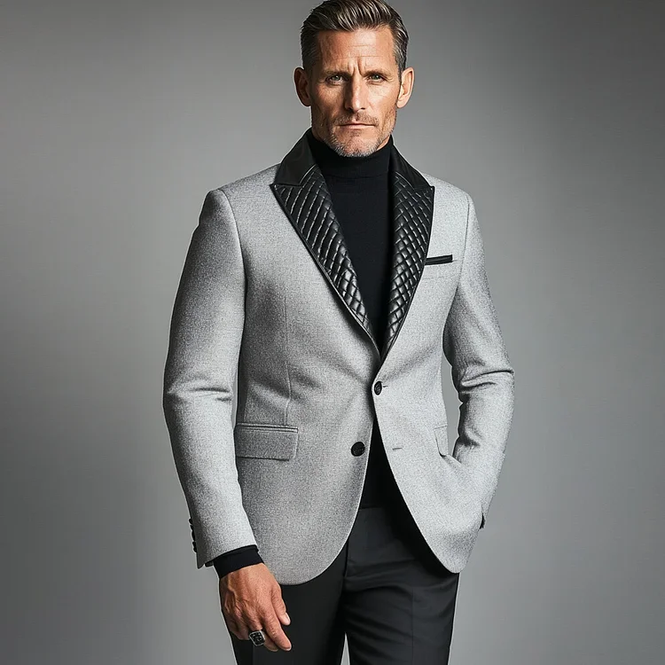 Mens Business Quilted PU Leather Patchwork Lapel Collar Two Butto-inspireuse