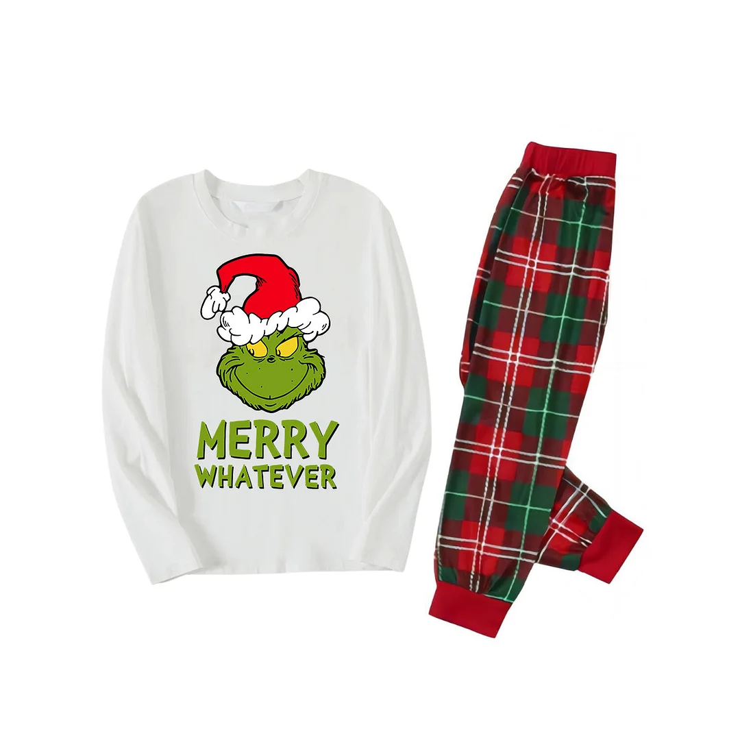 Wear Santa Hat Green Elf Cartoon Pattern "Merry Christmas" Lettering Prints Contrast White Long Sleeve with Red and Green Plaid Pants Family Matching Pajamas