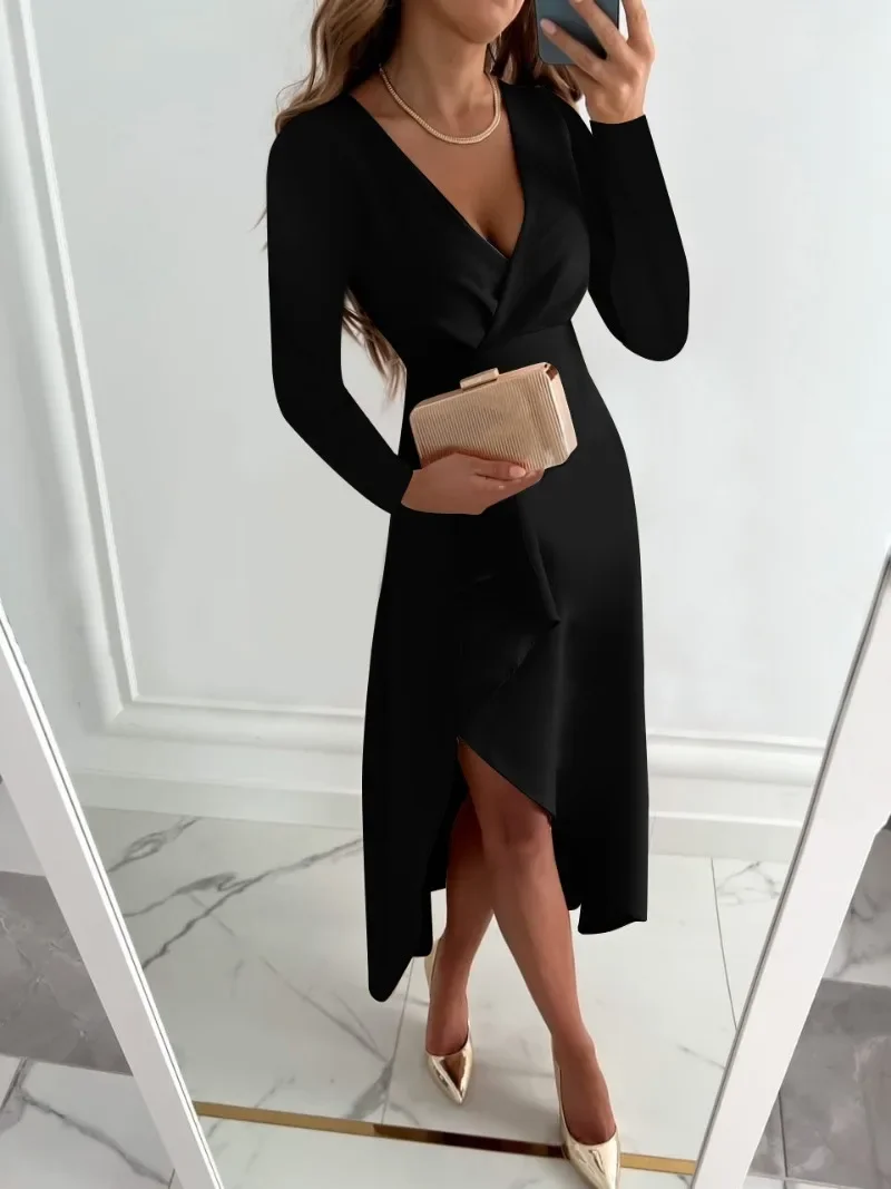 Women's Summer Long Sleeved V-neck Knee Length Skirt with Pleated Hem and Split Dress