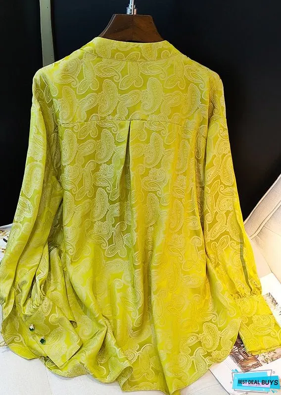 Yellow Stand Collar Jacquard Silk Blouses Long Sleeve