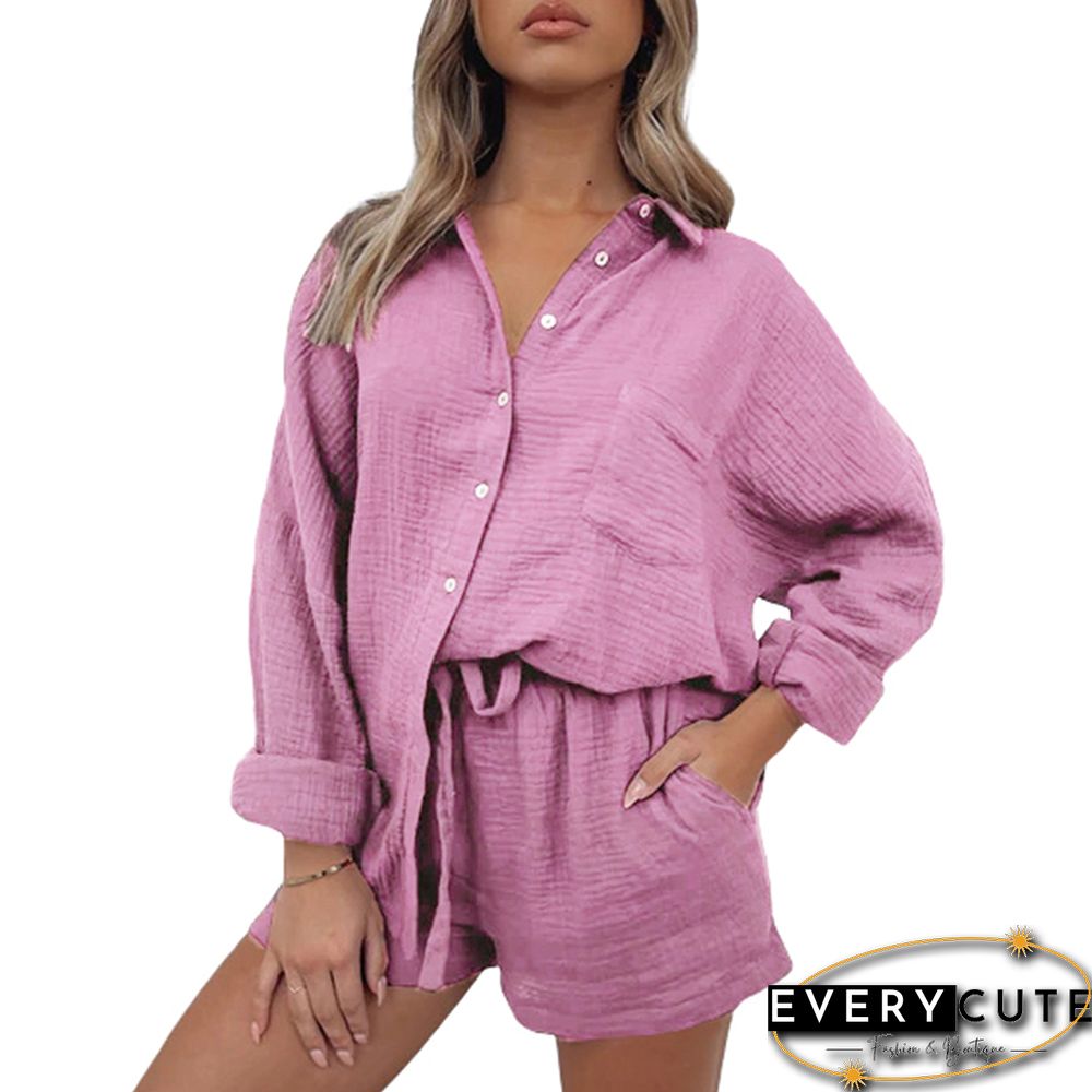 Pink Cotton Blend Pocket Shirt with Shorts Set