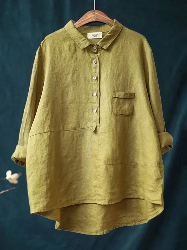 Womens Lapel Neck Casual Solid Colour Cotton And Linen Long Sleeve Shirt